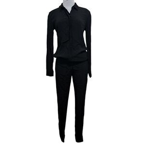 Monrow Crepe Long Sleeve Moto Boho Jumpsuit Small Black NWT